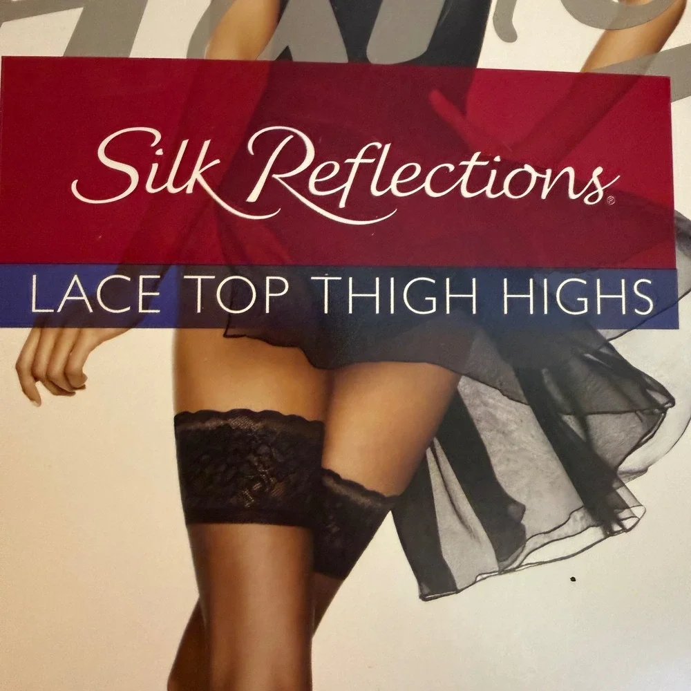 Hanes Silk‎ Reflections Lace Top Thigh Highs EF Jet Sheer Toe NIP